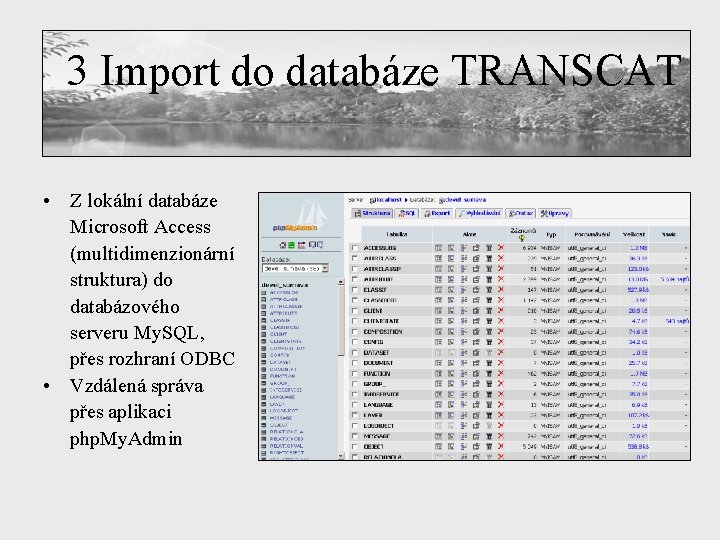 3 Import do databáze TRANSCAT • Z lokální databáze Microsoft Access (multidimenzionární struktura) do