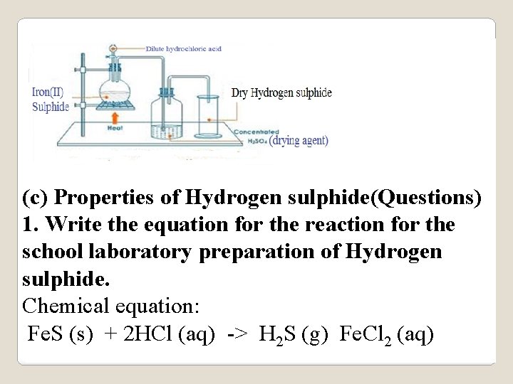 (c) Properties of Hydrogen sulphide(Questions) 1. Write the equation for the reaction for the