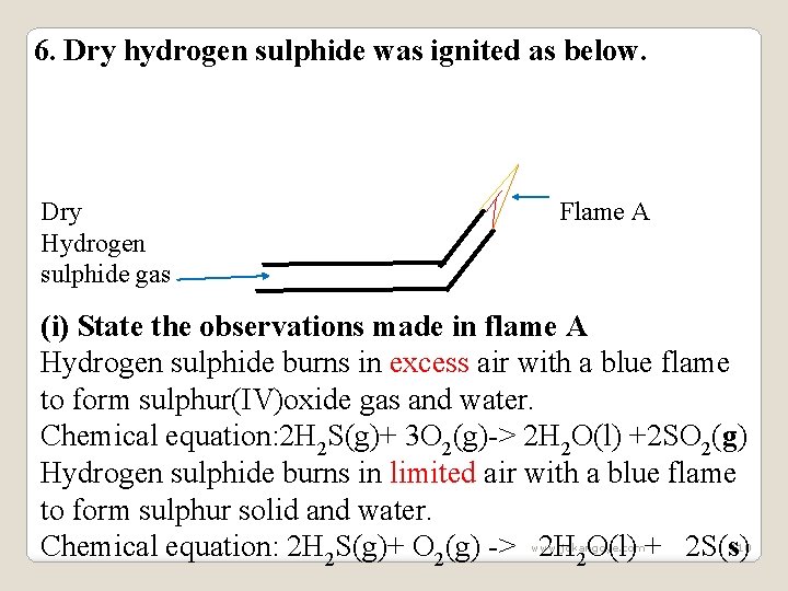 6. Dry hydrogen sulphide was ignited as below. Dry Hydrogen sulphide gas Flame A