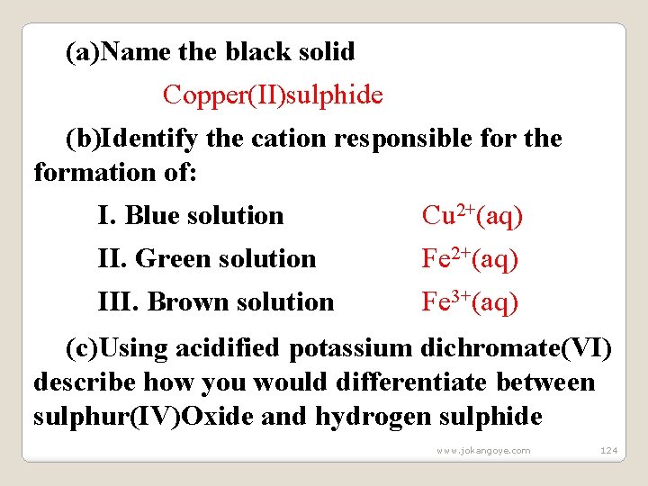 (a)Name the black solid Copper(II)sulphide (b)Identify the cation responsible for the formation of: I.