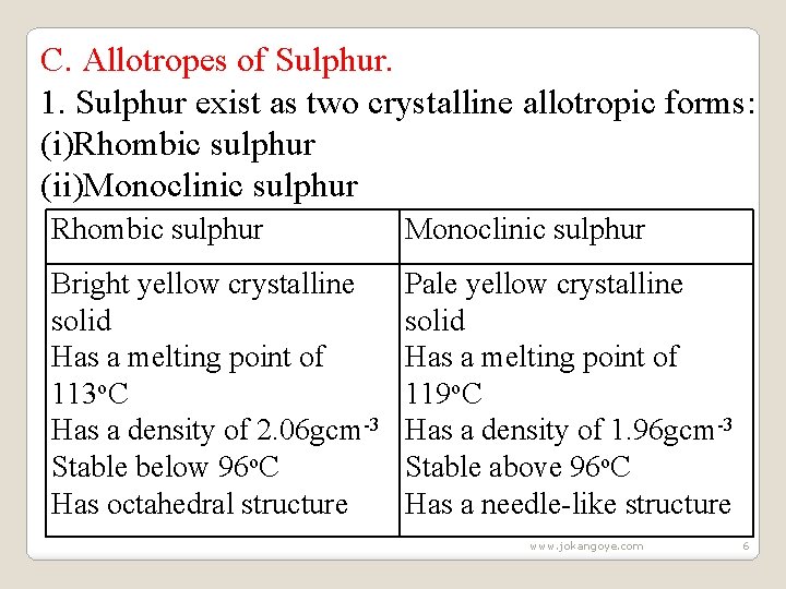 C. Allotropes of Sulphur. 1. Sulphur exist as two crystalline allotropic forms: (i)Rhombic sulphur