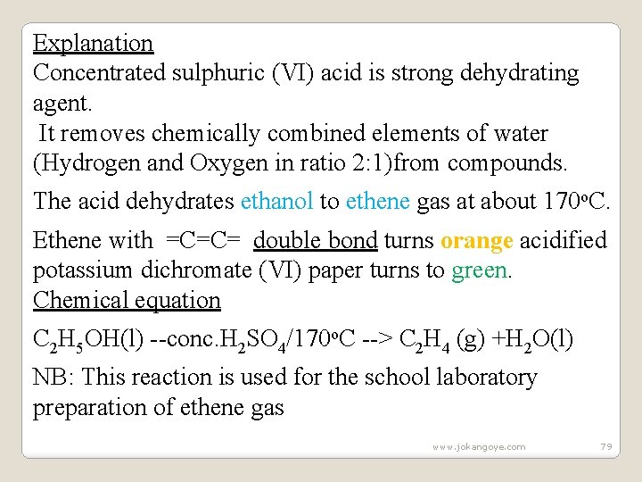 Explanation Concentrated sulphuric (VI) acid is strong dehydrating agent. It removes chemically combined elements