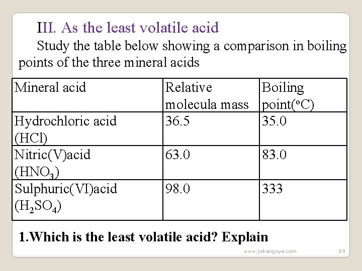 III. As the least volatile acid Study the table below showing a comparison in