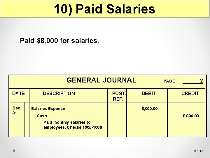 10) Paid Salaries Paid $8, 000 for salaries. GENERAL JOURNAL DATE Dec. 31 DESCRIPTION