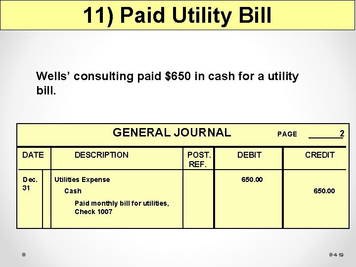 11) Paid Utility Bill Wells’ consulting paid $650 in cash for a utility bill.