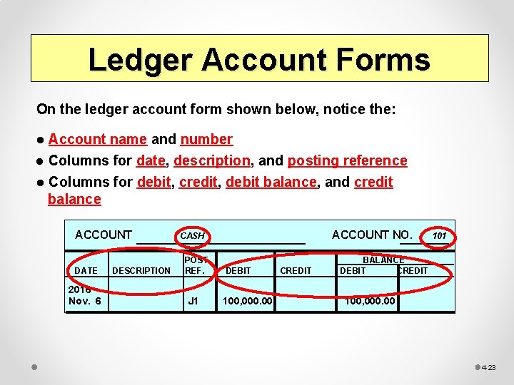Ledger Account Forms On the ledger account form shown below, notice the: Account name