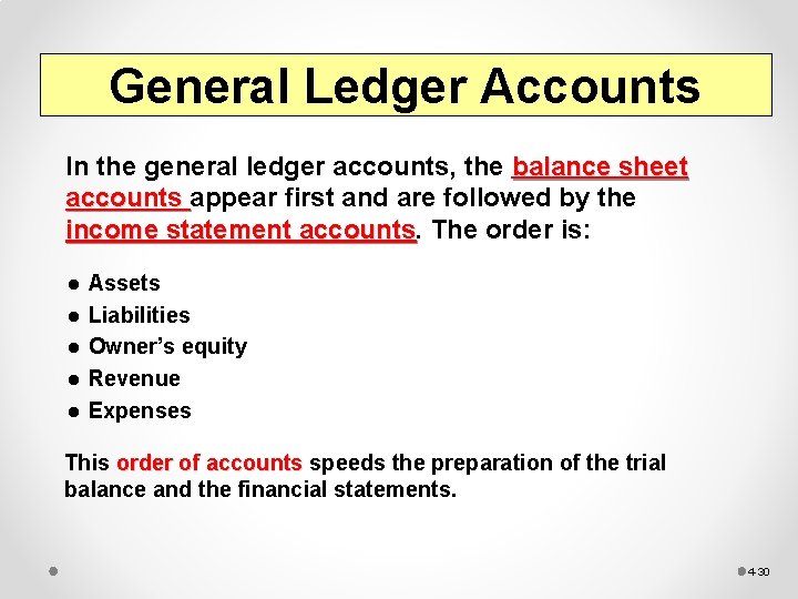 General Ledger Accounts In the general ledger accounts, the balance sheet accounts appear first