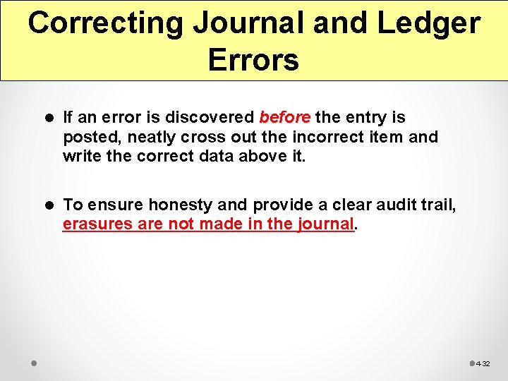 Correcting Journal and Ledger Errors l If an error is discovered before the entry