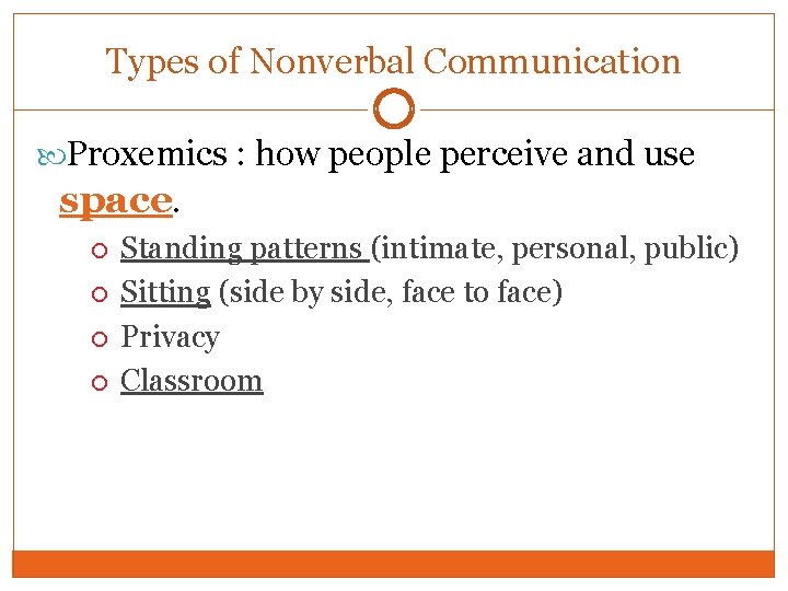 Types of Nonverbal Communication Proxemics : how people perceive and use space. Standing patterns