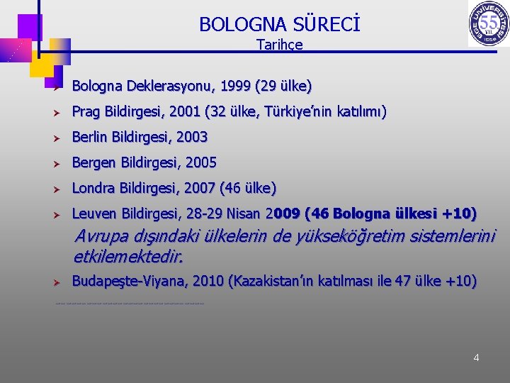 BOLOGNA SÜRECİ Tarihçe Ø Bologna Deklerasyonu, 1999 (29 ülke) Ø Prag Bildirgesi, 2001 (32