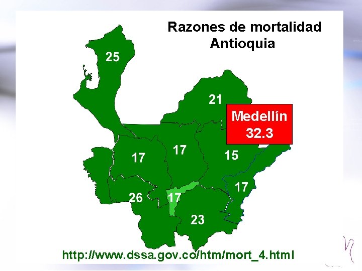 Razones de mortalidad Antioquia Medellín 32. 3 http: //www. dssa. gov. co/htm/mort_4. html 
