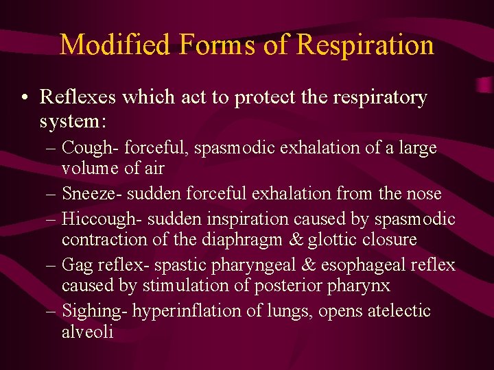 Modified Forms of Respiration • Reflexes which act to protect the respiratory system: –