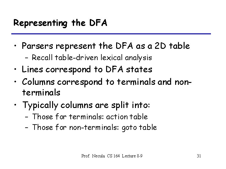 Representing the DFA • Parsers represent the DFA as a 2 D table –