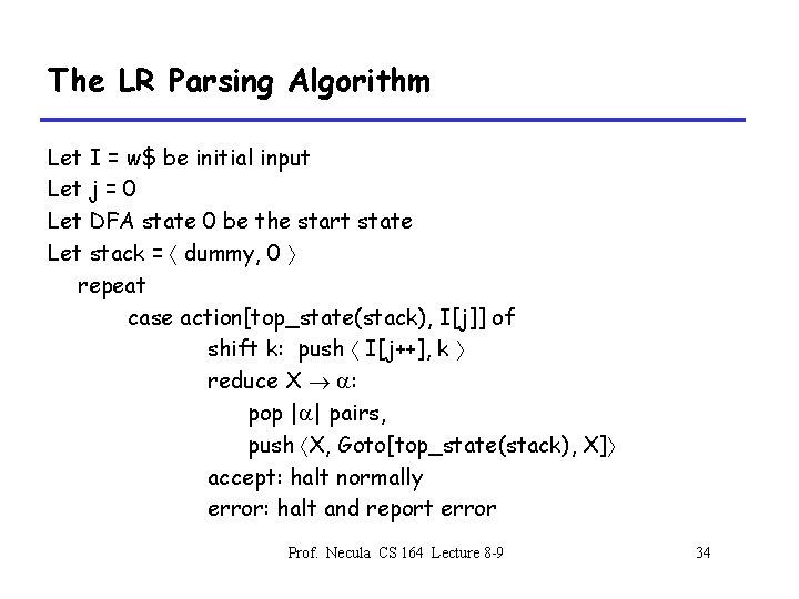 The LR Parsing Algorithm Let I = w$ be initial input Let j =
