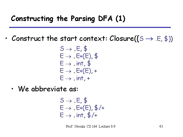 Constructing the Parsing DFA (1) • Construct the start context: Closure({S . E, $})