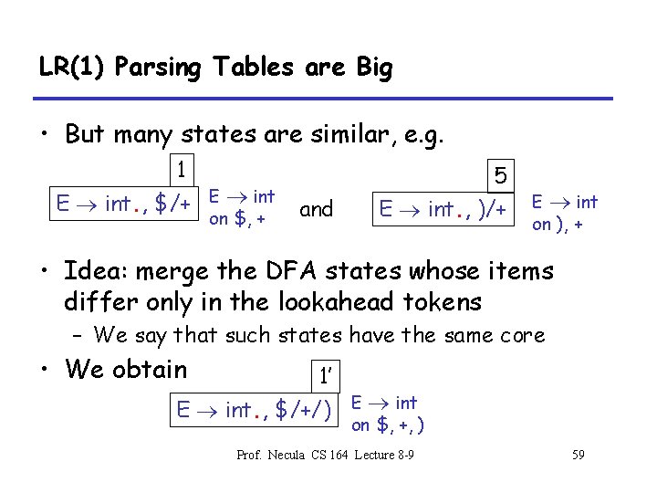 LR(1) Parsing Tables are Big • But many states are similar, e. g. 1