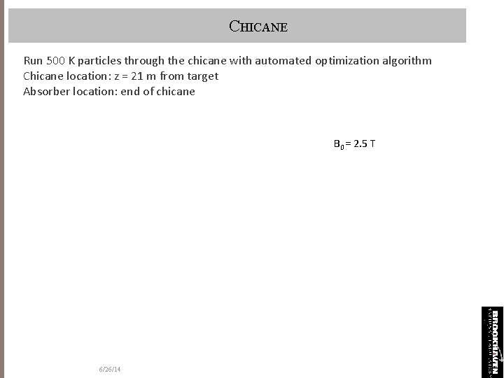 CHICANE Run 500 K particles through the chicane with automated optimization algorithm Chicane location: