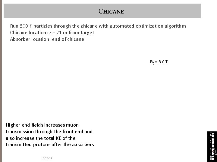 CHICANE Run 500 K particles through the chicane with automated optimization algorithm Chicane location: