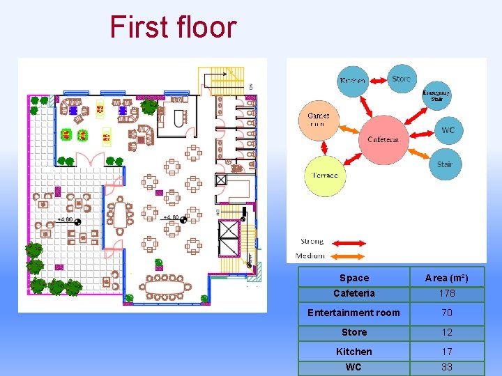 First floor Space Area (m²) Cafeteria 178 Entertainment room 70 Store 12 Kitchen 17