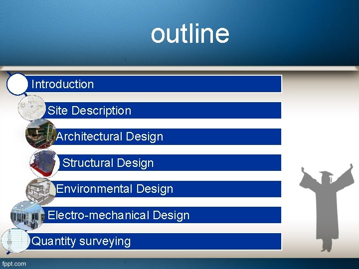 outline Introduction Site Description Architectural Design Structural Design Environmental Design Electro-mechanical Design Quantity surveying