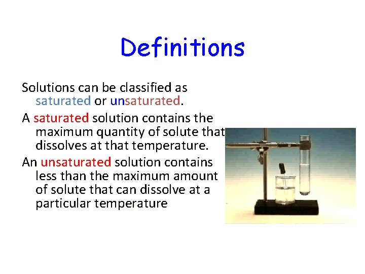 Definitions Solutions can be classified as saturated or unsaturated. A saturated solution contains the