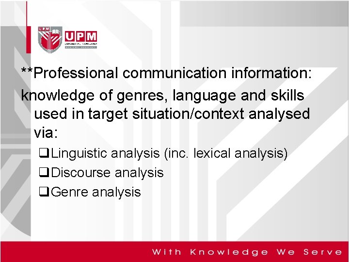 **Professional communication information: knowledge of genres, language and skills used in target situation/context analysed
