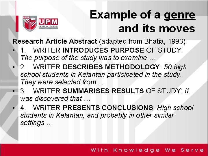Example of a genre and its moves Research Article Abstract (adapted from Bhatia, 1993)