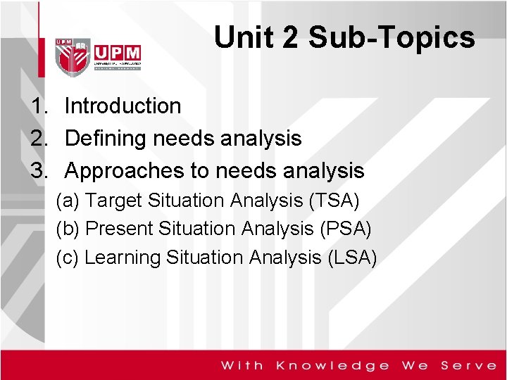 Unit 2 Sub-Topics 1. Introduction 2. Defining needs analysis 3. Approaches to needs analysis