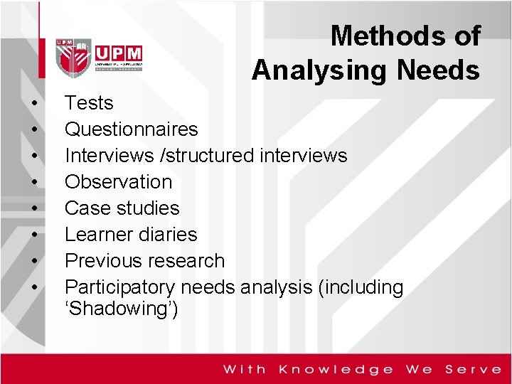 Methods of Analysing Needs • • Tests Questionnaires Interviews /structured interviews Observation Case studies
