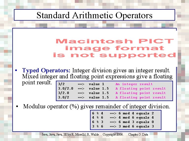 Standard Arithmetic Operators • Typed Operators: Integer division gives an integer result. Mixed integer