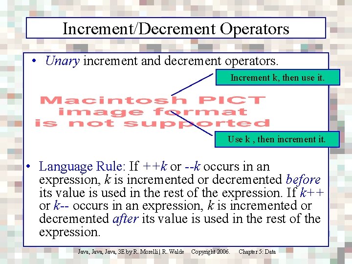 Increment/Decrement Operators • Unary increment and decrement operators. Increment k, then use it. Use