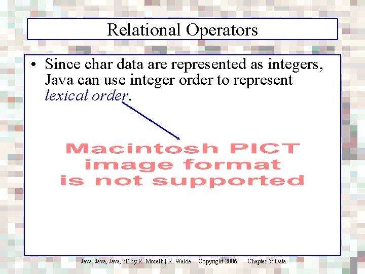 Relational Operators • Since char data are represented as integers, Java can use integer