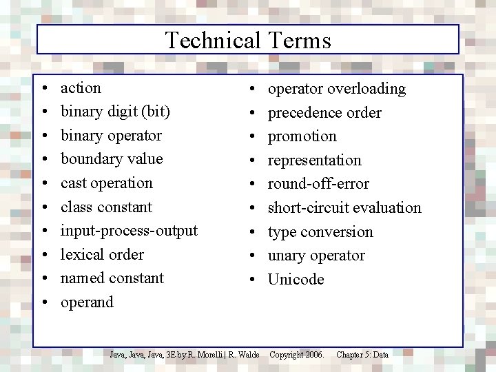 Technical Terms • • • action binary digit (bit) binary operator boundary value cast
