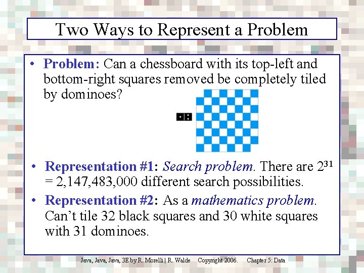 Two Ways to Represent a Problem • Problem: Can a chessboard with its top-left