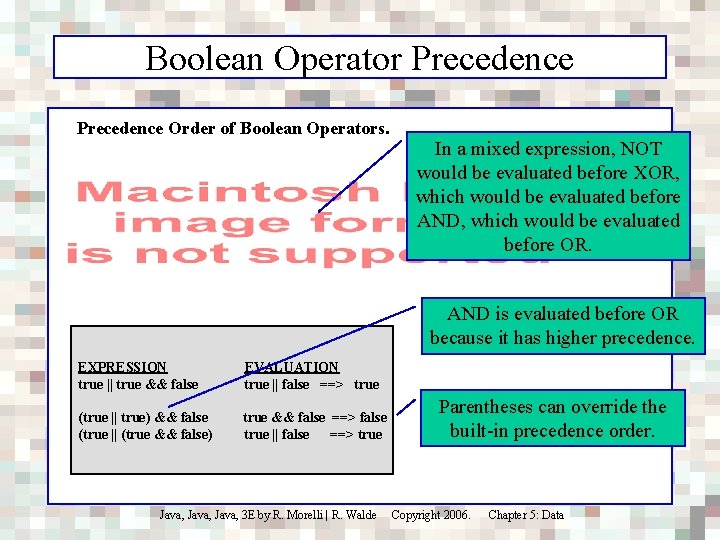 Boolean Operator Precedence Order of Boolean Operators. In a mixed expression, NOT would be