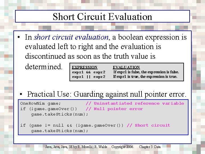 Short Circuit Evaluation • In short circuit evaluation, a boolean expression is evaluated left