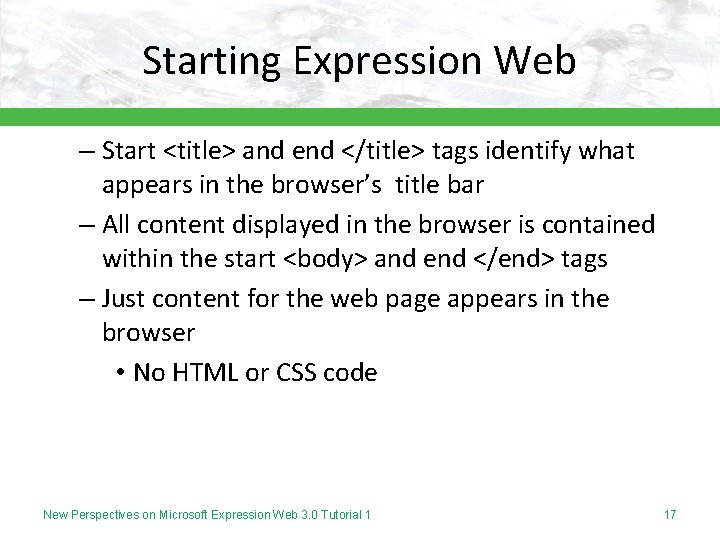 Starting Expression Web – Start <title> and end </title> tags identify what appears in