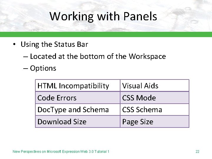 Working with Panels • Using the Status Bar – Located at the bottom of