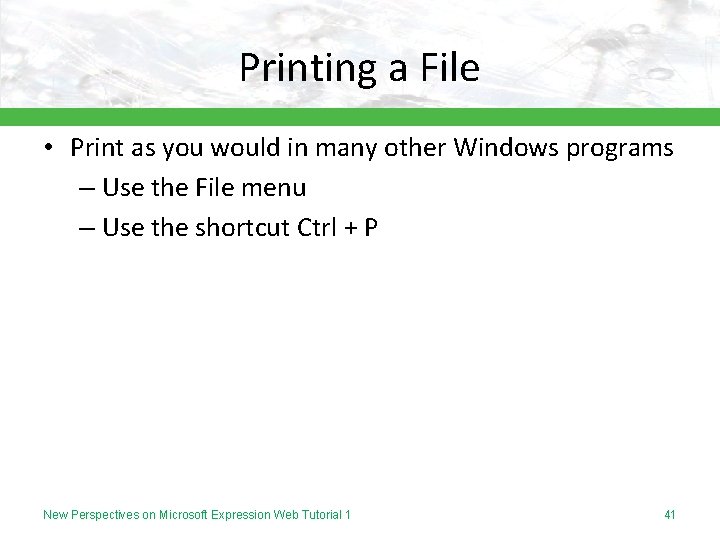 Printing a File • Print as you would in many other Windows programs –