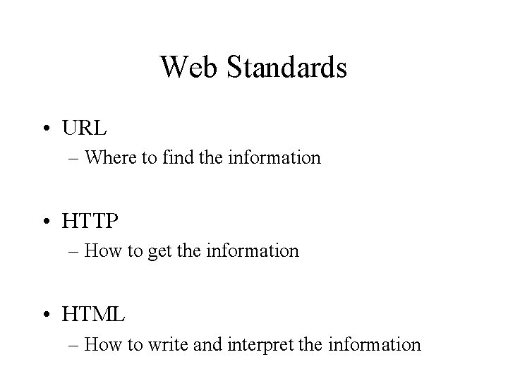 Web Standards • URL – Where to find the information • HTTP – How