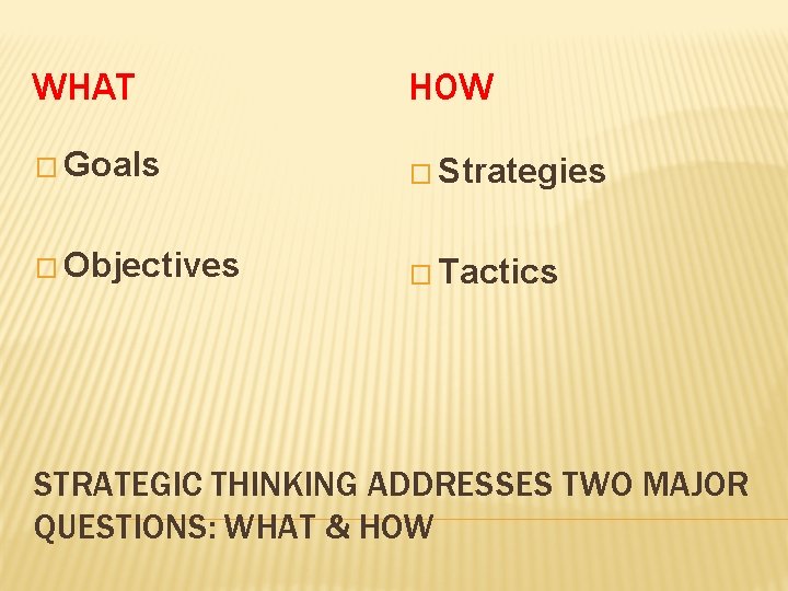 WHAT HOW � Goals � Strategies � Objectives � Tactics STRATEGIC THINKING ADDRESSES TWO