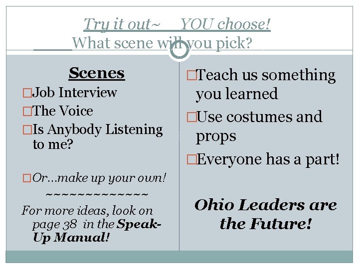 Try it out~ YOU choose! What scene will you pick? Scenes �Job Interview �The