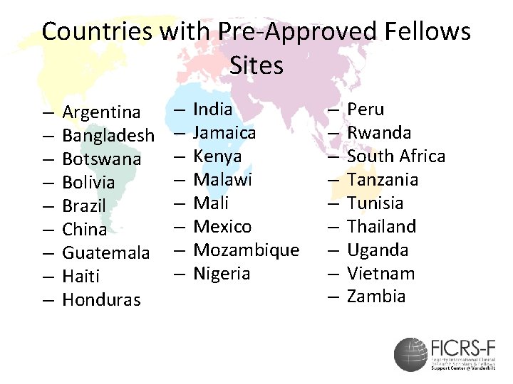 Countries with Pre-Approved Fellows Sites – – – – – Argentina Bangladesh Botswana Bolivia