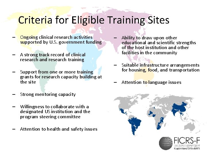 Criteria for Eligible Training Sites – Ongoing clinical research activities supported by U. S.