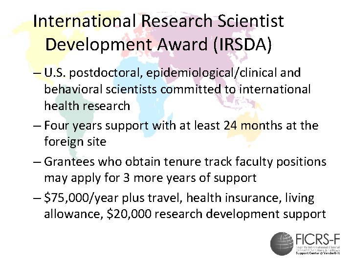 International Research Scientist Development Award (IRSDA) – U. S. postdoctoral, epidemiological/clinical and behavioral scientists