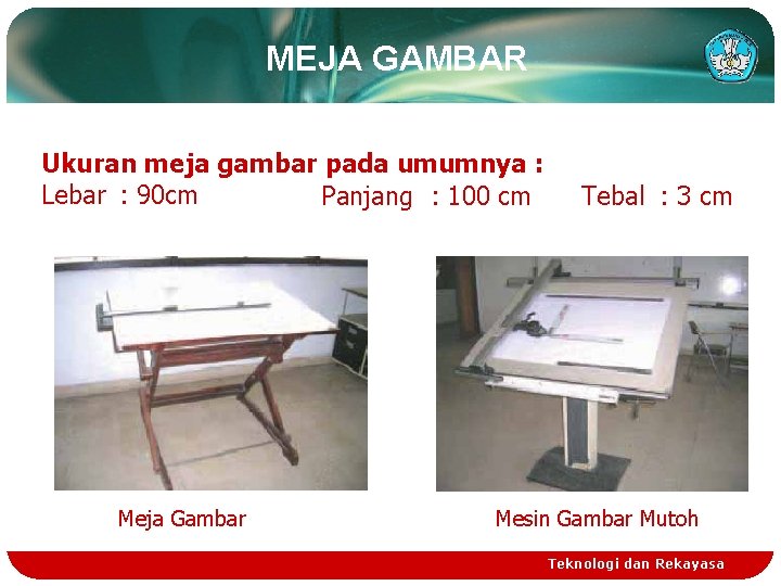 MEJA GAMBAR Ukuran meja gambar pada umumnya : Lebar : 90 cm Panjang :