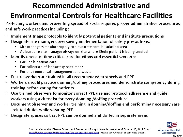 Recommended Administrative and Environmental Controls for Healthcare Facilities Protecting workers and preventing spread of