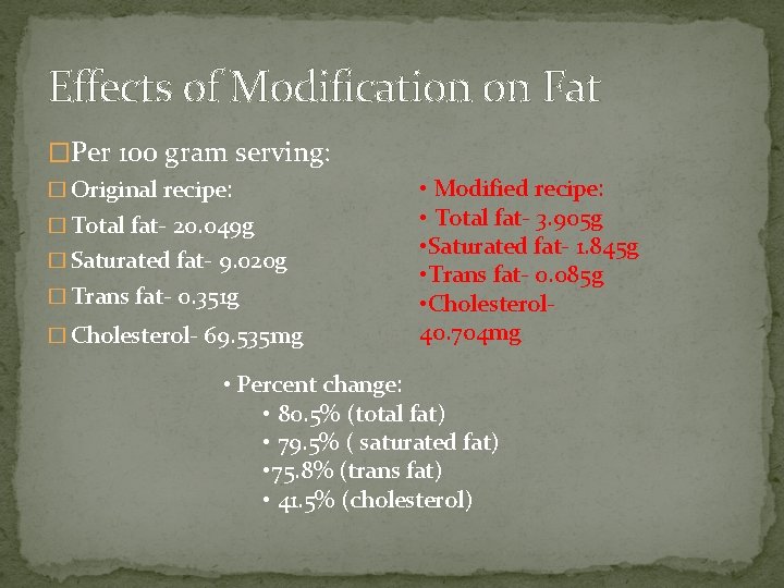 Effects of Modification on Fat �Per 100 gram serving: � Original recipe: � Total