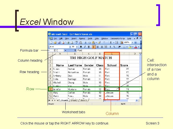 Excel Window Formula bar Cell: intersection of a row and a column Column heading