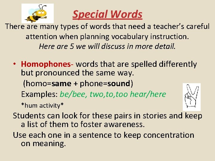 Special Words There are many types of words that need a teacher’s careful attention